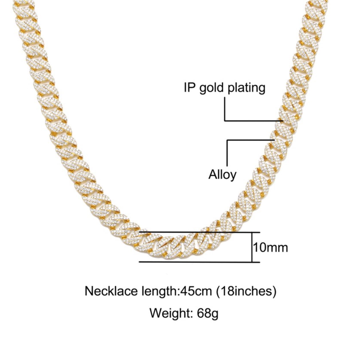 Male 10MM Cuban Chain Necklace for Men Women Iced Out Zircon Hip Hop Jewelry 20inch