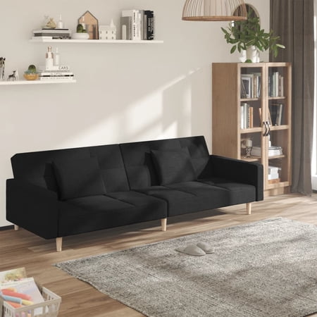 ammoon 2 Seater Sofa Bed with Two Pillows in Black Fabric Trendy and Versatile for Studio Apartments