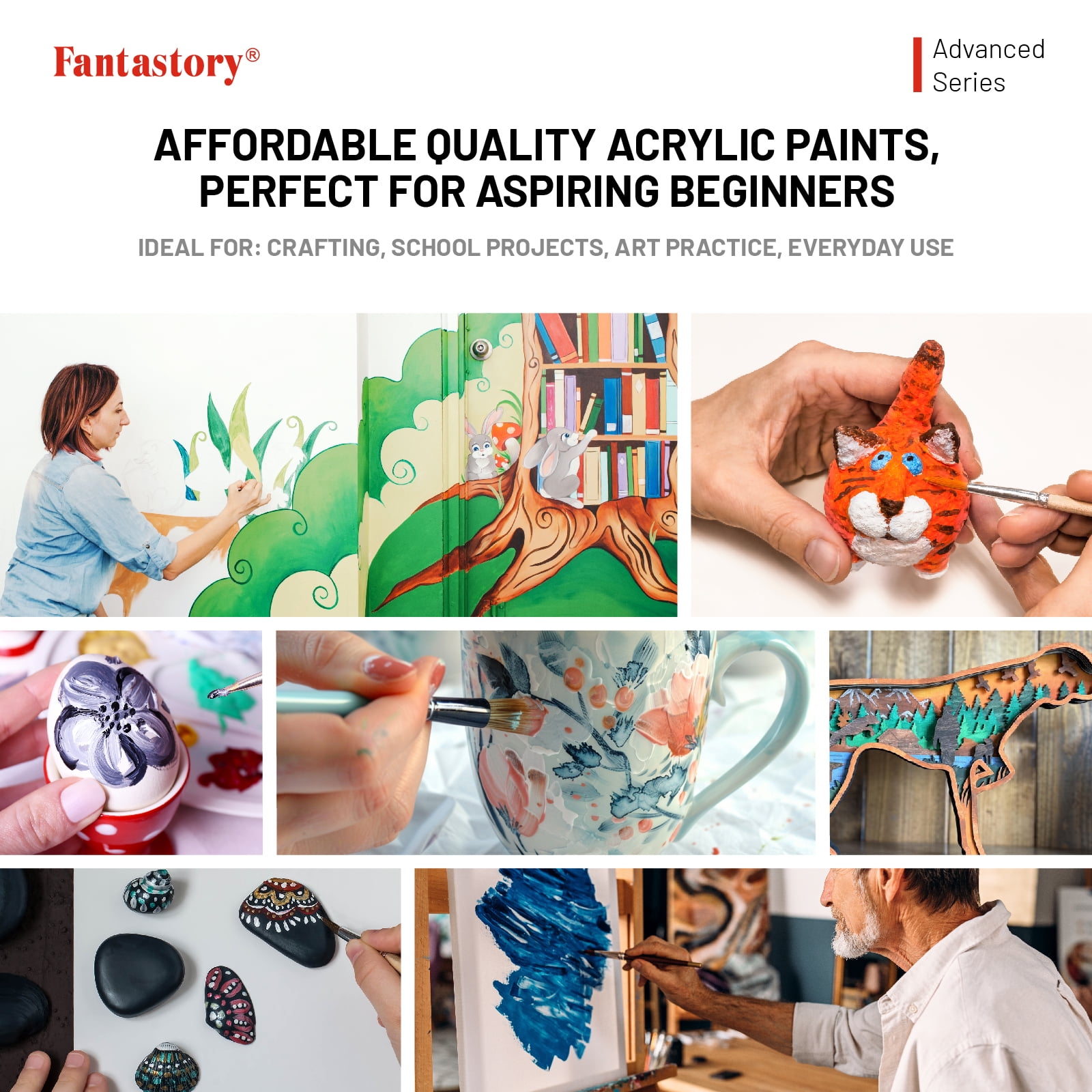 Fantastory 15 Colors Large Acrylic Paint Set (16.9 oz,500 ml) , Art Painting Supplies with Color Wheel