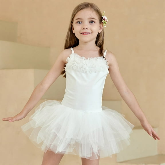 Ballet Leotards for Girls with Skirts Sleeveless Solid Color Tutu Dress Summer Dance Girls Gymnastics leotard White 3-4 Y