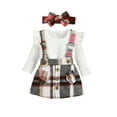 thumbnail image 1 of Gureui Toddler Infant Baby Girls Spring Autumn Clothes Set, Solid Ribbed Long Sleeve Ruffled Romper + Plaid Print Suspender Skirt + Headband, 1 of 9