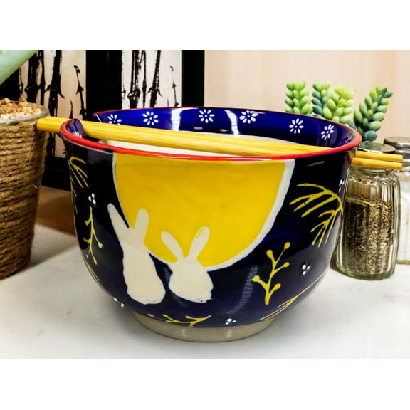 2 Bunny Rabbits And Full Moon Ramen Noodles Soup Large 6"D Bowl With Chopsticks
