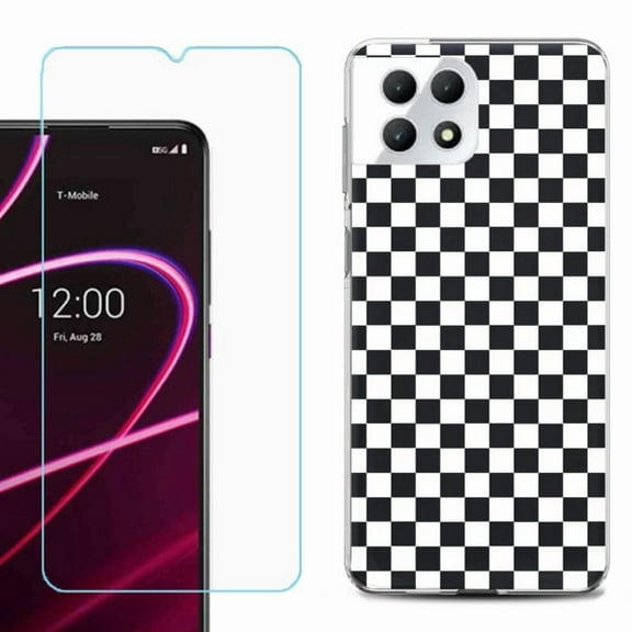 Phone Case for T-Mobile Revvl 7 5G, Shockproof Case Cover with Tempered Glass Screen Protector, by OneToughShield - Checker B/W