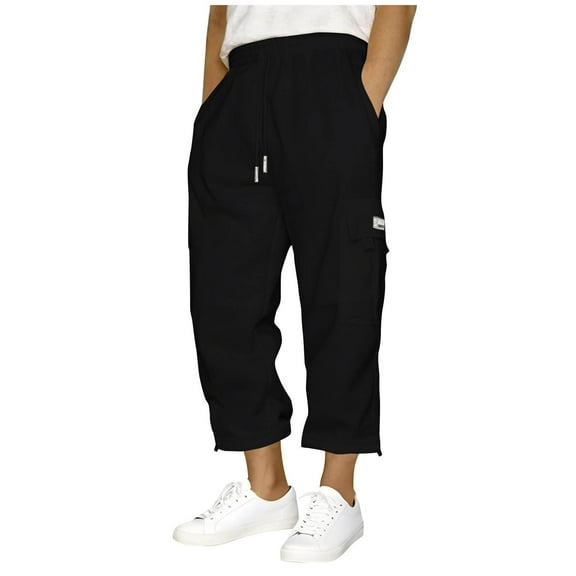 Havenre Cargo Capris Men's Workout Gym Sweat Pants Casual Drawstring Elastic Waist 3/4 Capri Pants Loose Fit Hiking Athletic Running Sweatpants with Pockets Black S
