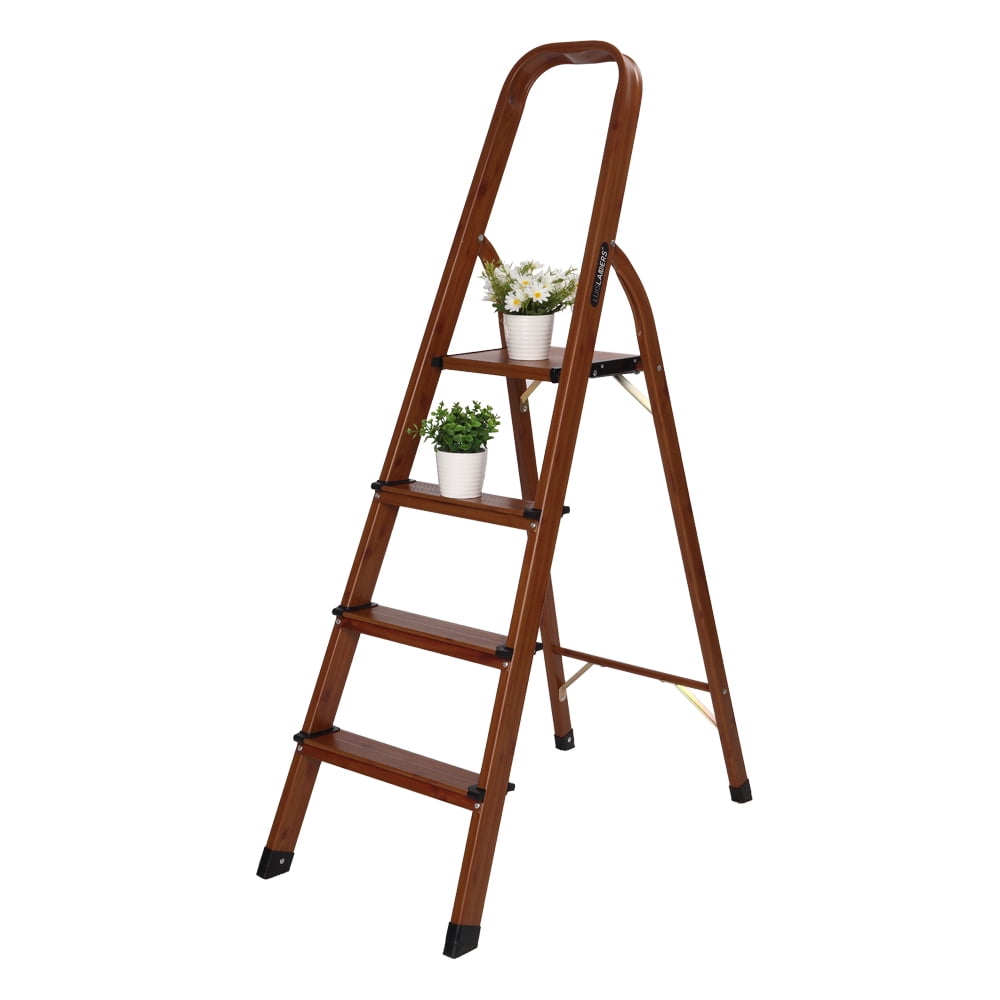 LUISLADDERS 4 Step Ladder Woodgrain Aluminum Folding Step Stool Sturdy
