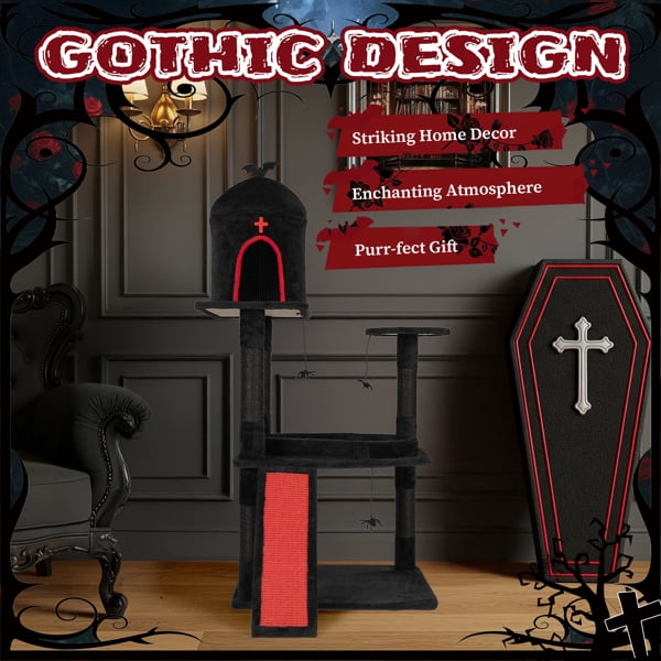 Alvantor Gothic Cat Tree 53.5 in with Coffin Bed and Cat Condo Multi Level Tower with Sisal Scratching Posts Spider Toys