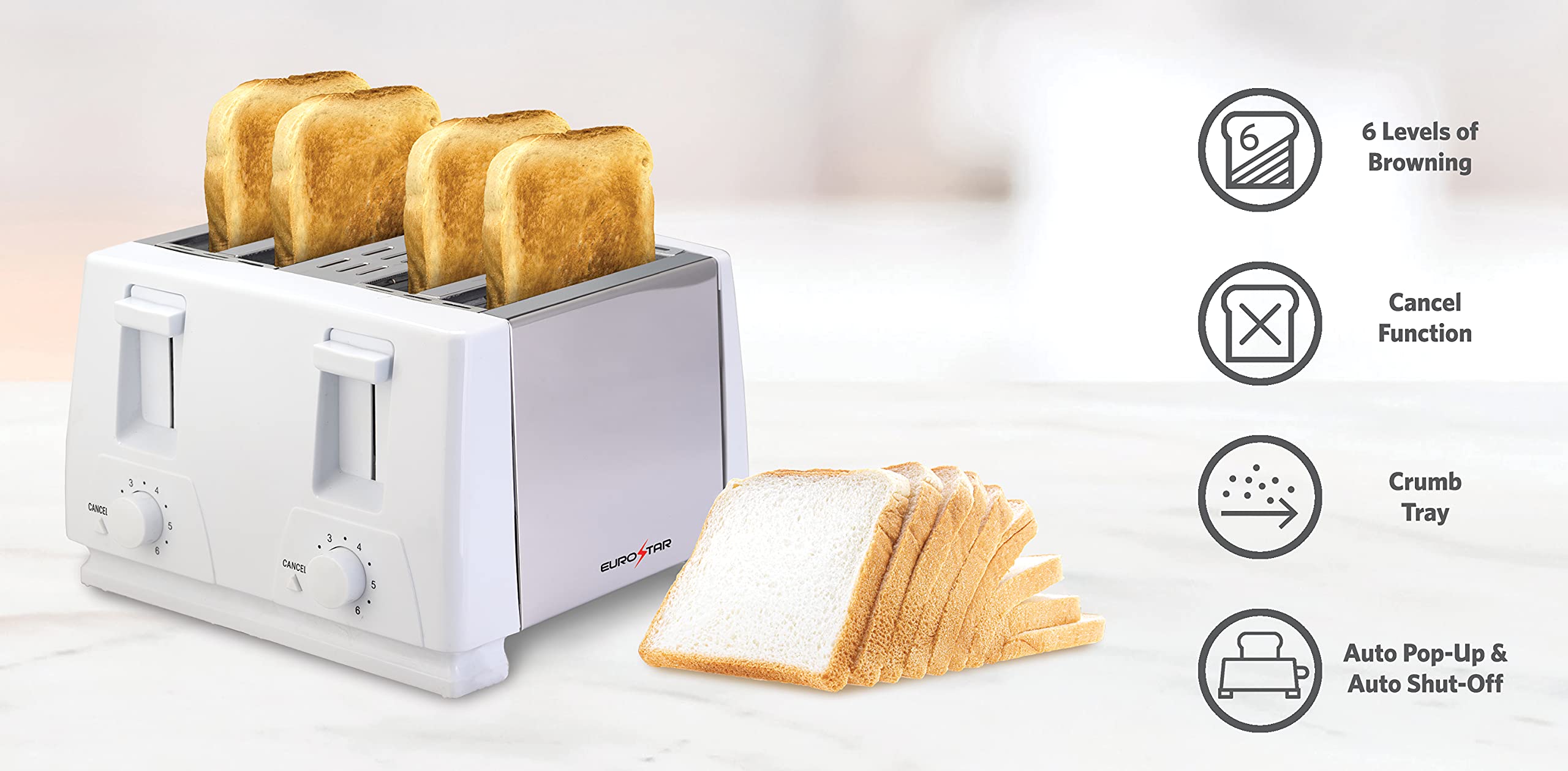 EUROSTAR ET742W 4-Slice Stainless Steel Toaster, White