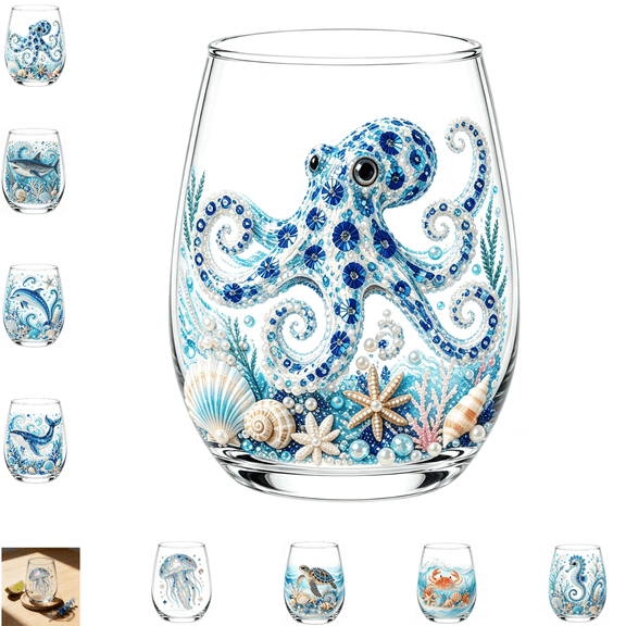 15oz Ocean Animal Printed Stemless Wine Glass, Sea Creature Nautical Drinking Glass Cup, Marine Life Printed Glassware, Perfect Housewarming Gift for Coastal Style Home Enthusiasts-B