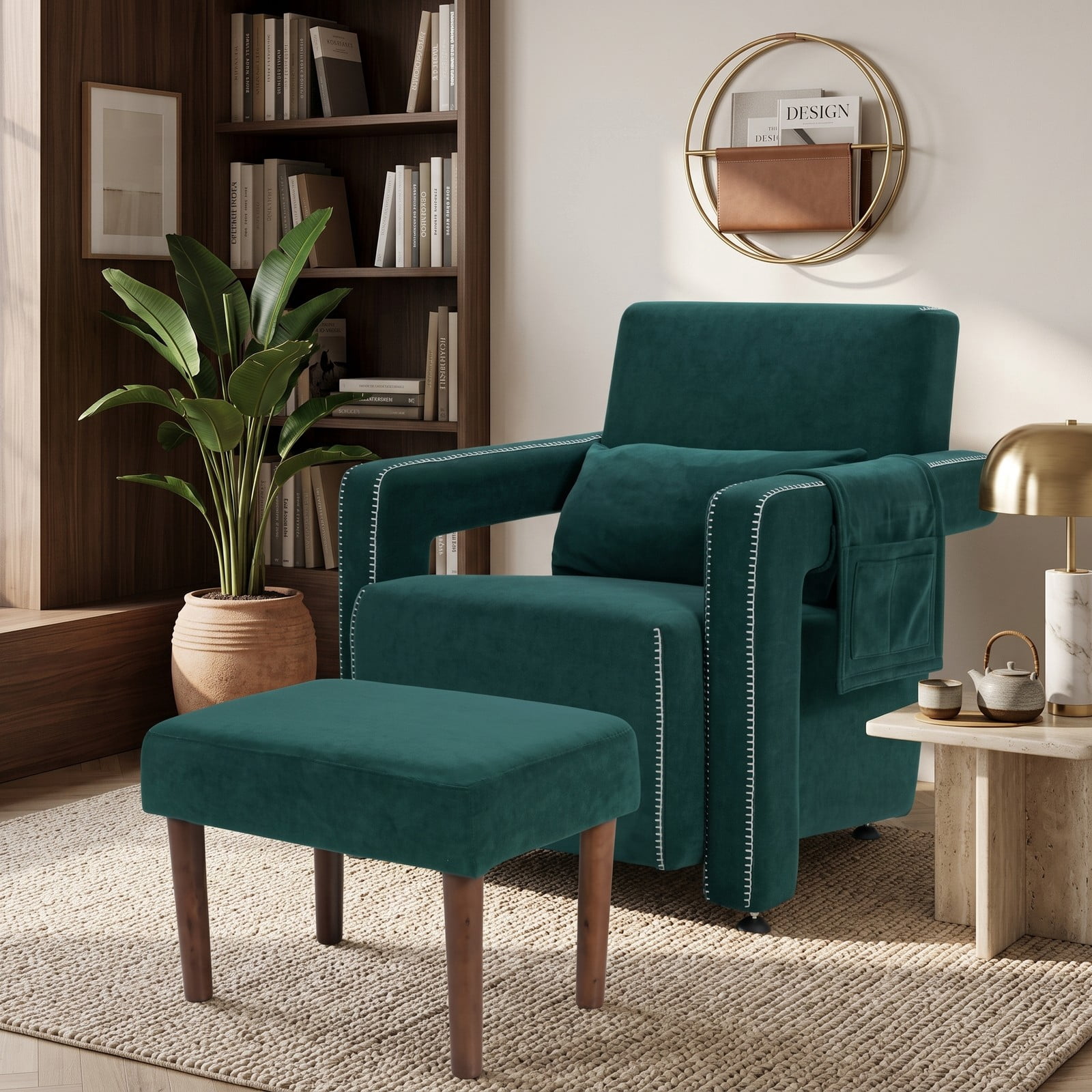 Furnibear Modern Berber Fleece Accent Chair with Ottoman and Waist Pillow, Upholstered Single Sofa Chair with Side Storage Bag for Living Room Bedroom, Green