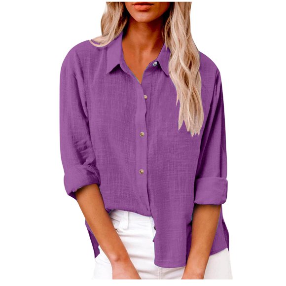 Womens Tops Shirts Casual Long Sleeve Solid Color Linen Button Down Loose Fall Clothes for Women Tees Blouses Purple Size M