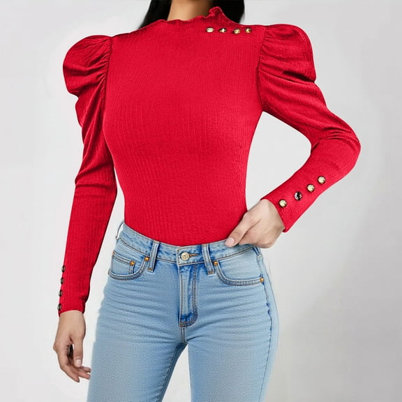 Uootdi Womens Puff Long Sleeve Tops Mock Gift Neck Button Detail Ruffle Trim Solid Basic T Shirt Casual Loose Pullovers