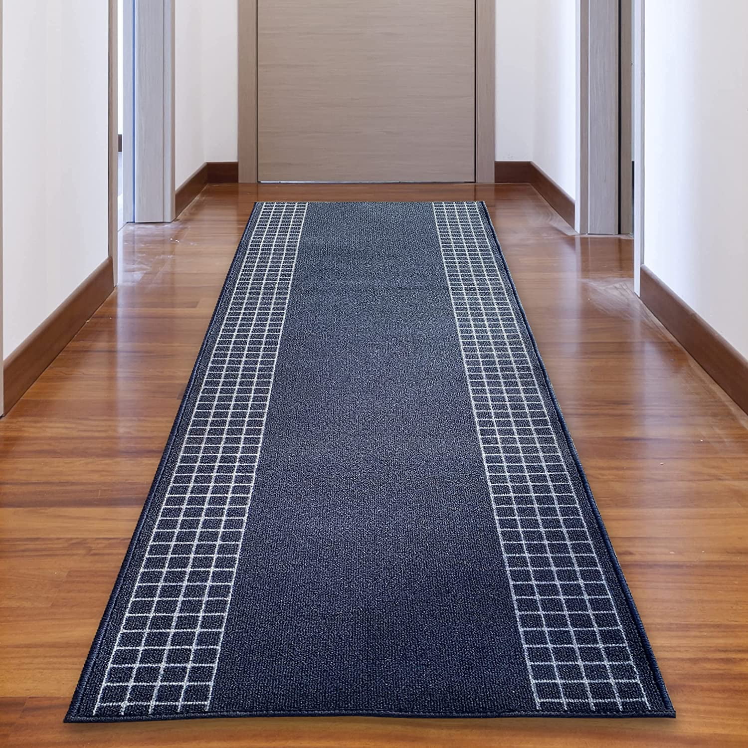 Runner Rug for Hallway Checkered Bordered Blue Color 26 Inch or 31 Inch Wide by Your Length Choice Slip Resistant Rubber Backing Stain Resistant Pile Stair Runner