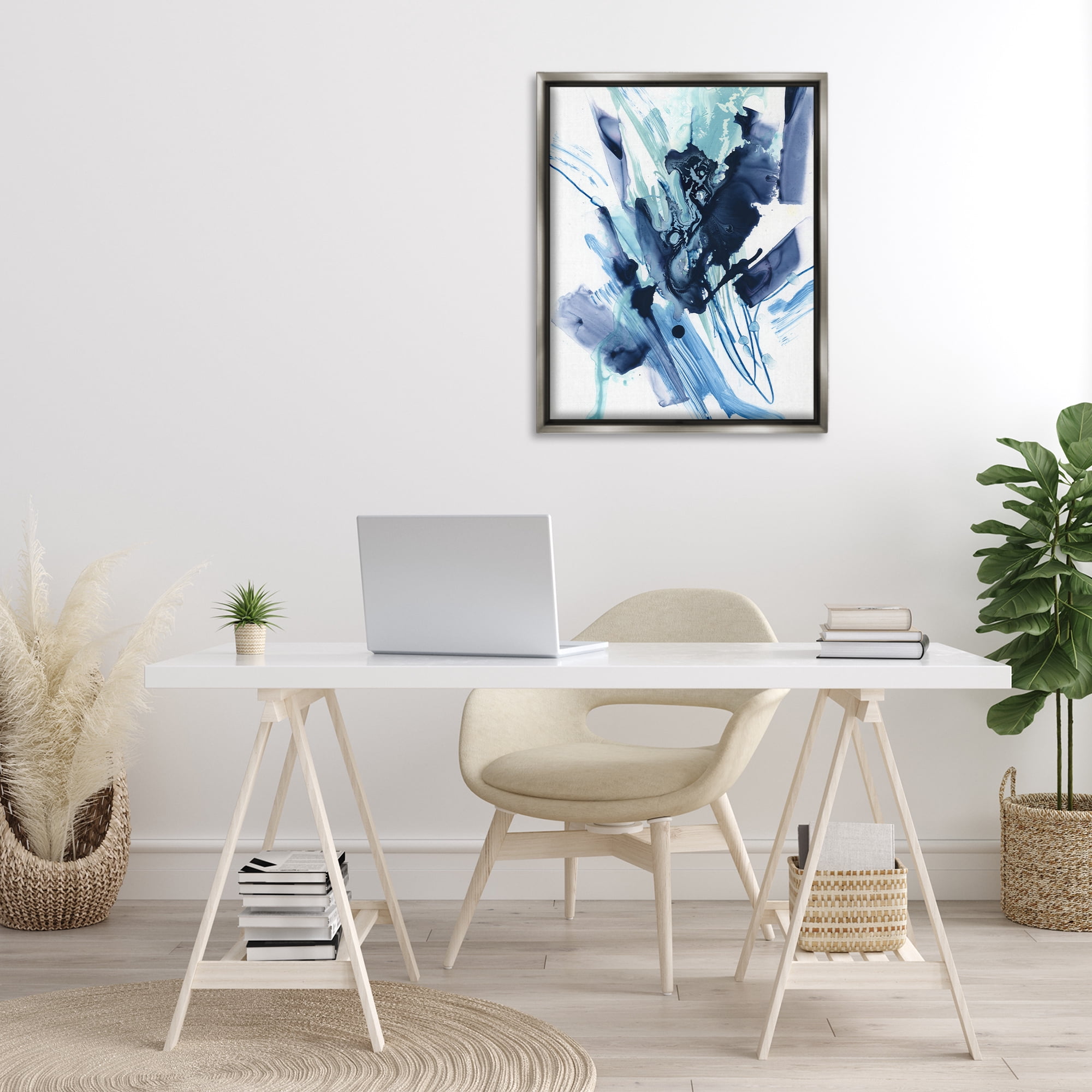 Stupell Industries Restless Blue Splash Abstract Painting Gray Floater Framed Canvas Art Print Wall Art, 25 x 31