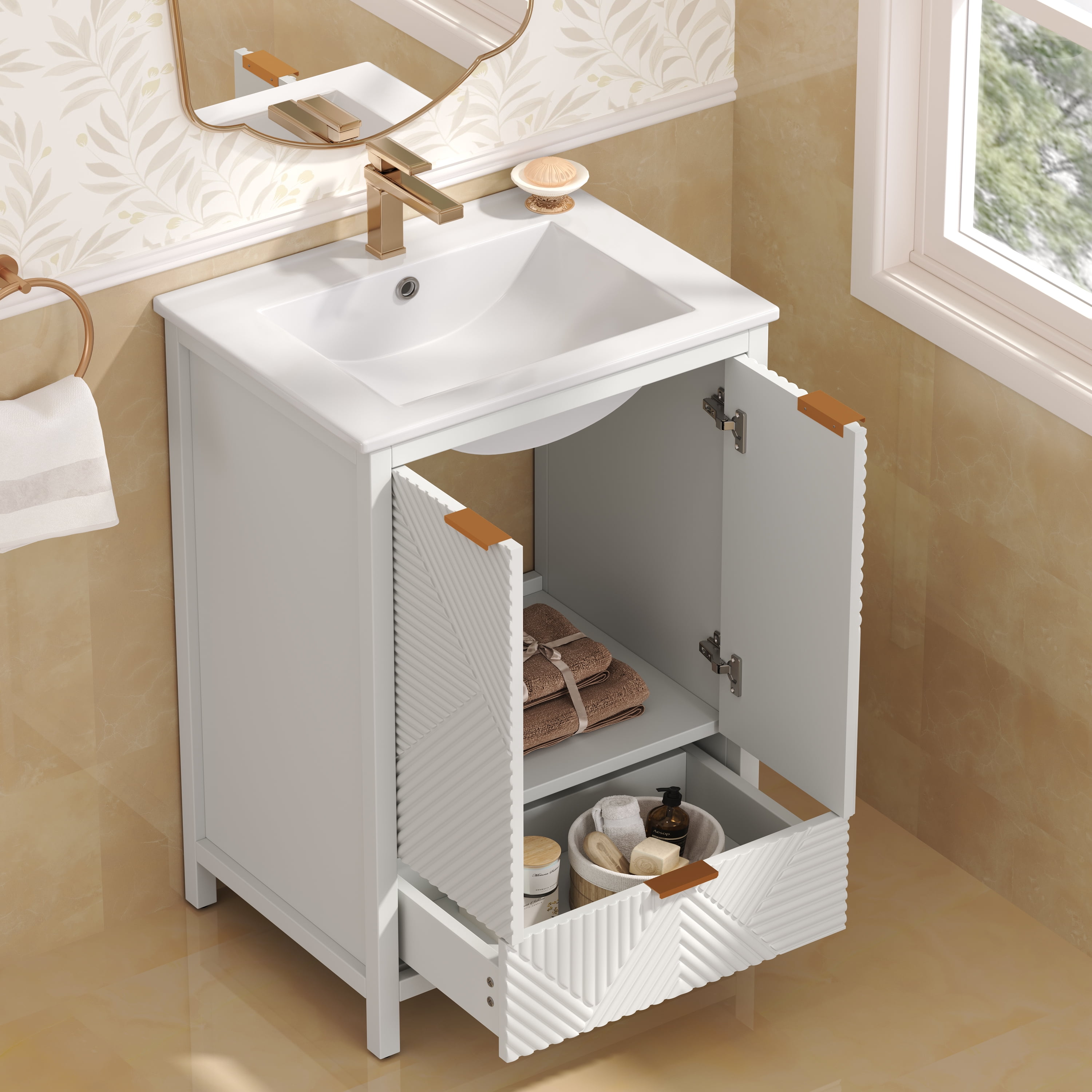 Euroco 24 Inches Bathroom Vanity with Sink Combo, Modern Bathroom Vanity with Single Faucet Hole, Textured Door Panels and a Drawer, Pine Legs, Large Storage Space & Soft Close Hinges, White