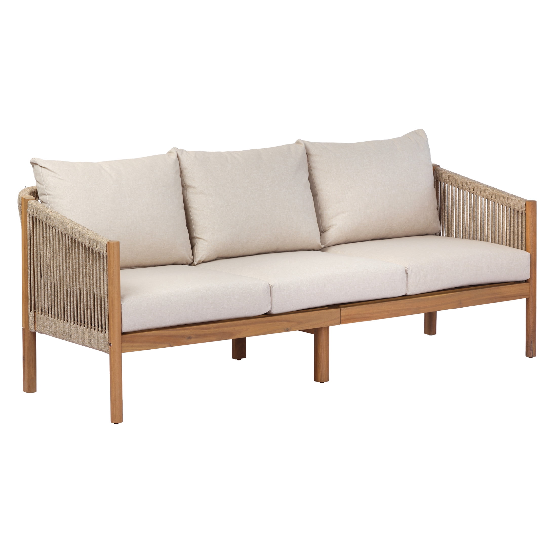 Christopher Knight Home Outdoor Acacia Wood Sofa with Rope Back, 3 Seats, Thick Beige Cushion, Light Teak