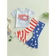 thumbnail image 2 of Bagilaanoe 4th of July Clothes for Toddler Baby Girls Short Sleeve Letter Print T-shirts Tops + Striped Flare Trousers 9M 12M 18M 24M 3T 4T Kids Independence Day Outfits 2pcs Long Pants Set, 2 of 9