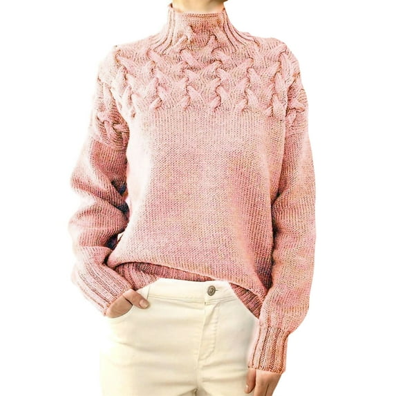 hirigin Women's Autumn Loose Knitwear, Solid Color Cable Braiding Long Sleeve High Neck Casual Fashion Sweater