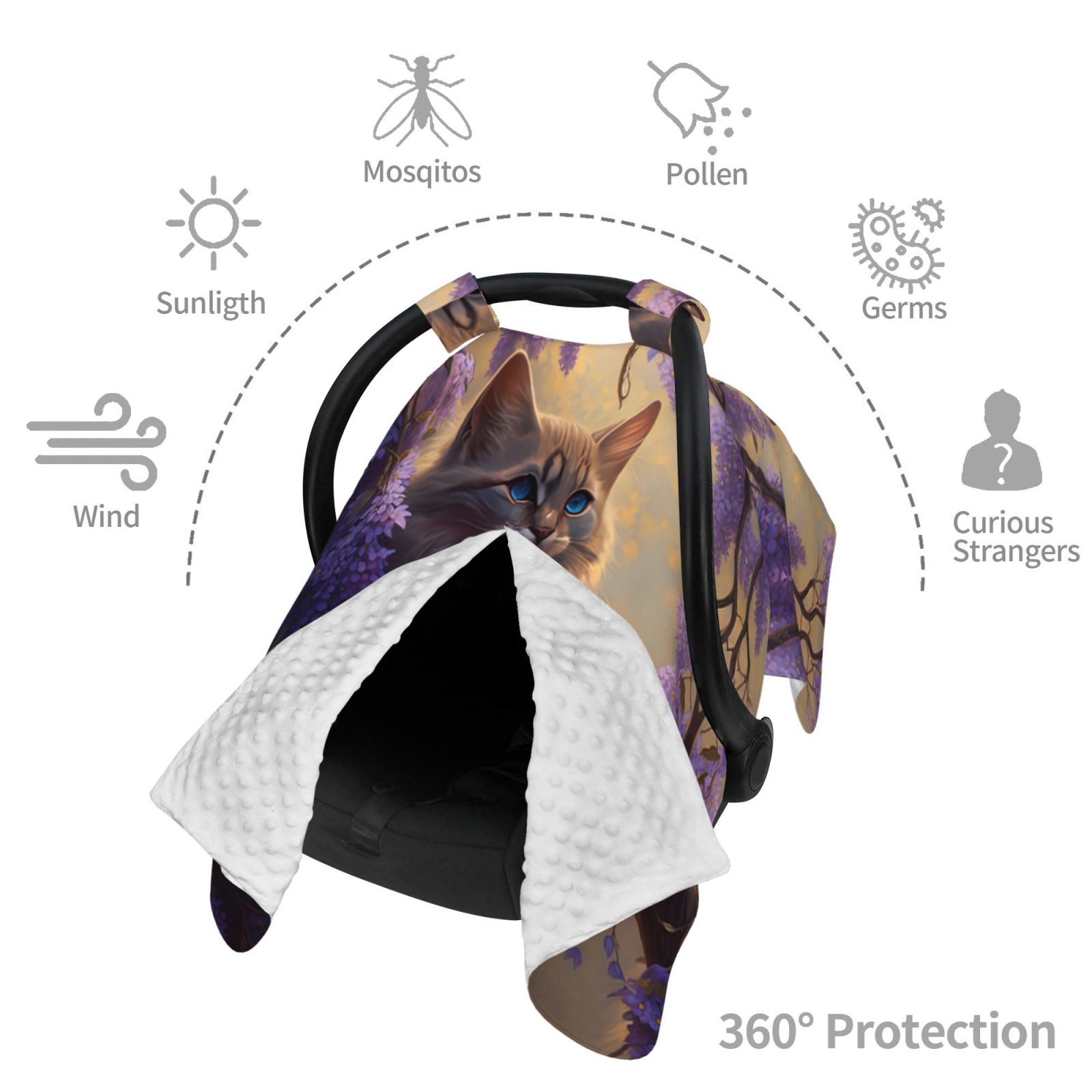 Car Seat Cover Baby - Purple Flower Lazy Cat Breathable Infant Car Seat Cover for Baby Carseat, Lightweight Comfort Baby Essentials Must Haves Newborn Stuff for Girl Boy