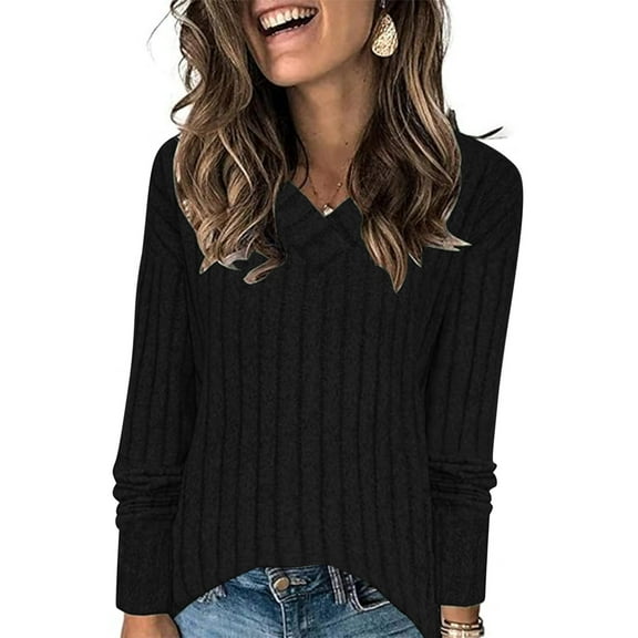 TKLPEHG Womens Tops Trendy V Neck Knitted Tops Loose Casual Comfy Long Sleeve Classic Solid Color Fashion Lightweight Pullover (Black,M)