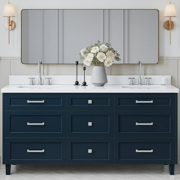 ARIEL Monroe 73 Inch Double Rectangle Sink Bathroom Vanity With Pure White Quartz Countertop 1.5 Inch Edge In Midnight Blue