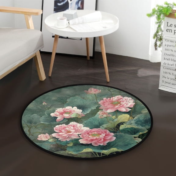 36.2 Inch Round Floor Mat Blossoming Lotus Carpet Decor Rug for Living Room Bedroom
