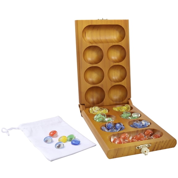GSE Games & Sports Expert Folding Wood Mancala Board Game with Multi-Color Glass Stones. Family Travel Set for Family Party, Kids and Adults (Oak)