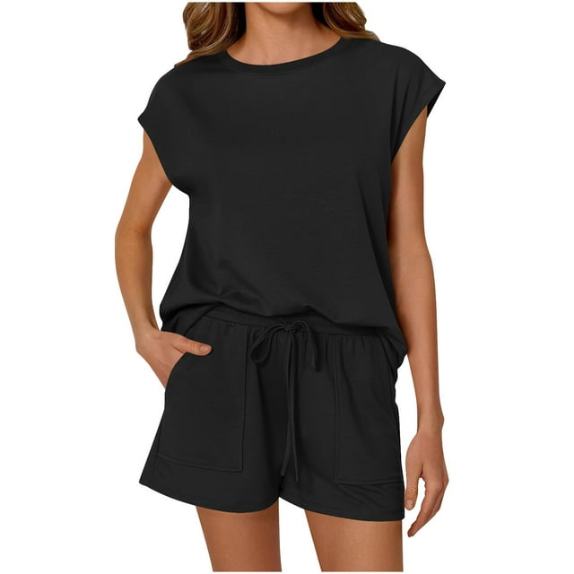 Cinvoph Ensemble 2 Pcs pour Femmes Col Rond Manches Courtes Chemise d'Été Décontractée et Shorts Cargo Taille Élastique avec Cordon de Serrage Ensemble de Pyjamas de Détente Couleur Unie