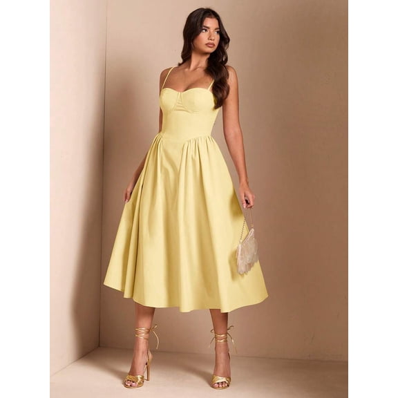 Vibrant Yellow Spaghetti Strap Fit & Flare Midi Dress For Party, Evening, Or Elegant Daywear