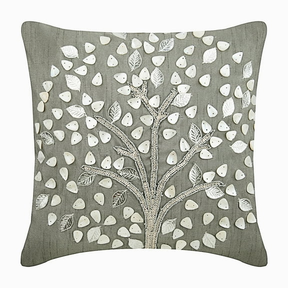 Cushion Cover Sofa, Silver Decorative Zippered Pillow Covers 16x16 inch (40x40 cm), Silk Throw Pillows Couch, Nature & Floral, Tree, Mother Of Pearl, Contemporary - Silver Hope Tree