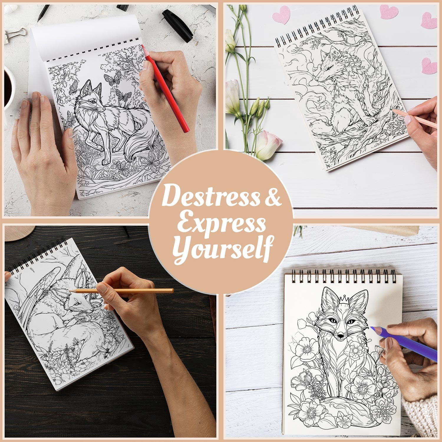 Netecom Fanciful Foxes Coloring Book Spiral Bound for Adults, A5 Wooden Cover, 30 Whimsical Coloring Pages of Wild Foxes for Stress Relief and Relaxation