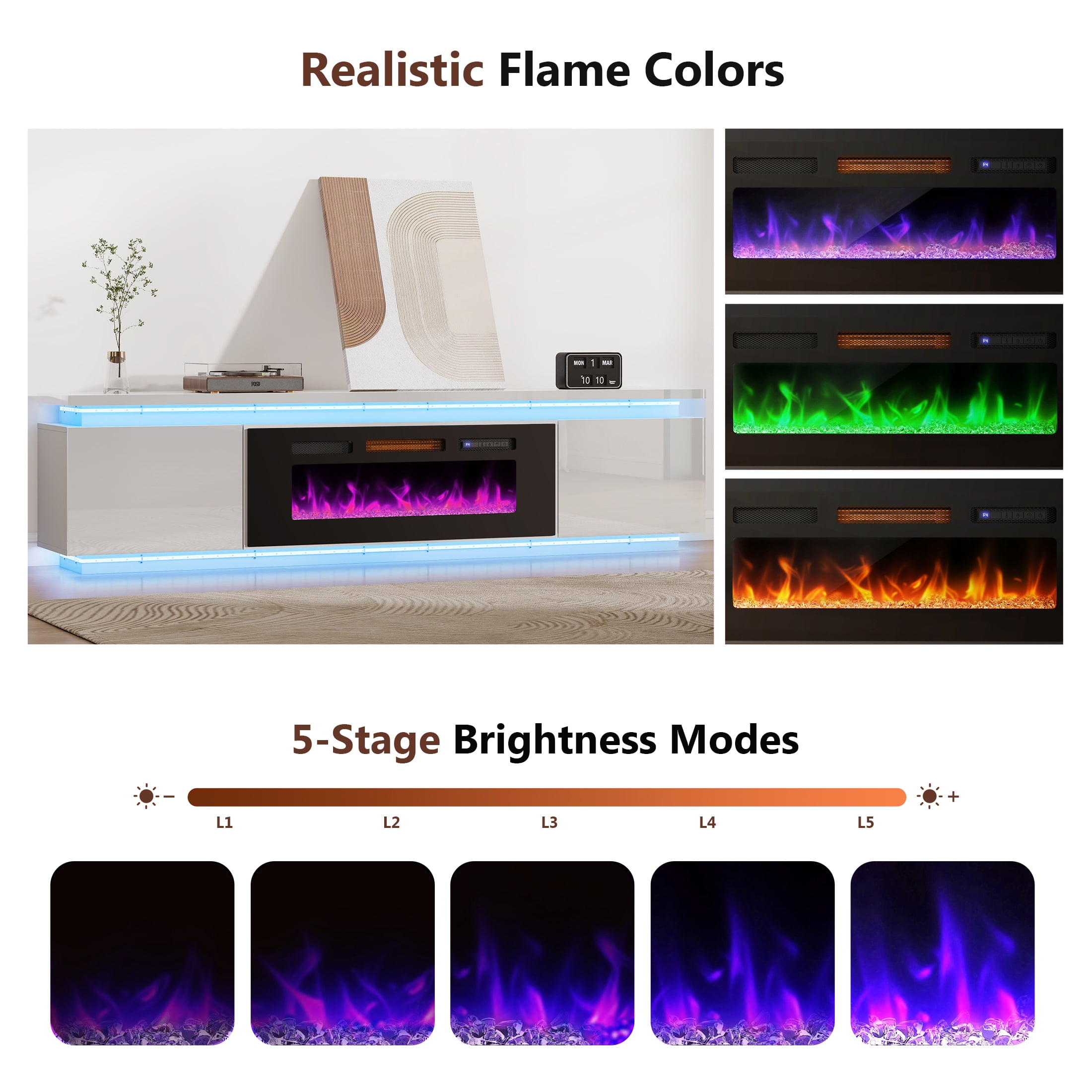 Anrist Electric Fireplace TV Stand for TVs up to 95" with LED Lights & 4 AC Power Outlets, TV console for Living Room, White, Ship in 2 Boxs