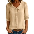 thumbnail image 4 of GERsome 3/4 Sleeve Shirts for Women Button Down Crew Neck Collared Tops Casual Work Summer Blouses,Khaki,Size L, 4 of 9