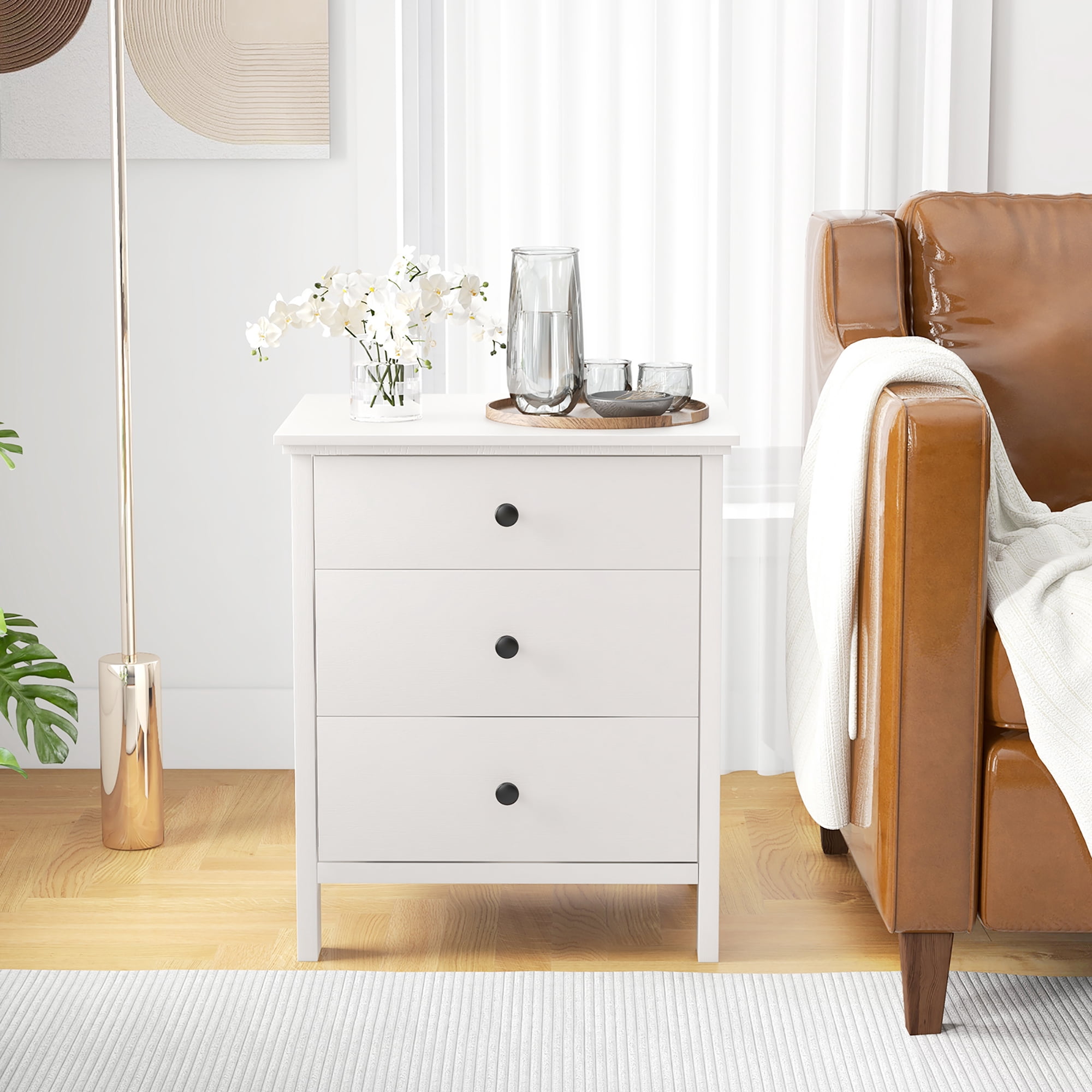 Gymax 3-Drawer Nightstand Wooden Bedside Table Modern Side End Table Space-Saving White