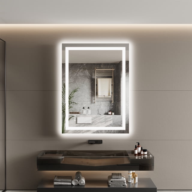 Smart Frameless LED Bathroom Mirror with Front Back Light, 3 Color Dimmable Touch Anti Fog Wall Vanity Mirror, Tempered Glass for Bathroom Salon Entryway, 24x32 40x32 48x36 Inches