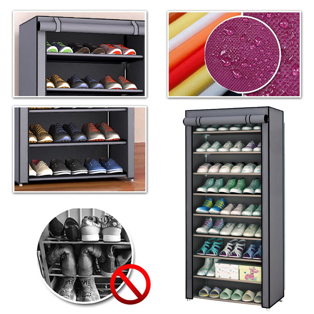PENGKE 9 Tiers Shoe Rack with Dustproof Cover Closet Shoe Storage Cabinet  Organizer,Grey