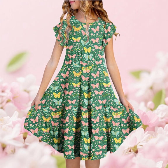 Xdegoge Kids Girls Boho Floral Dress Midi Tiered A Line Crewneck Ruffle Short Sleeve Tween Summer Sundress Flowy Flattering Lightweight Vacation Beach School Party Wear for Teen