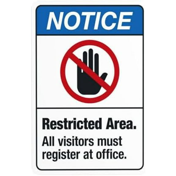 Restricted Area All Visitors Register At Office Warning Sign, Visitor Metal Signs for Business Home Outdoor Indoor Garage Street Wall Caution Custom Decor 8 x 12 Inch