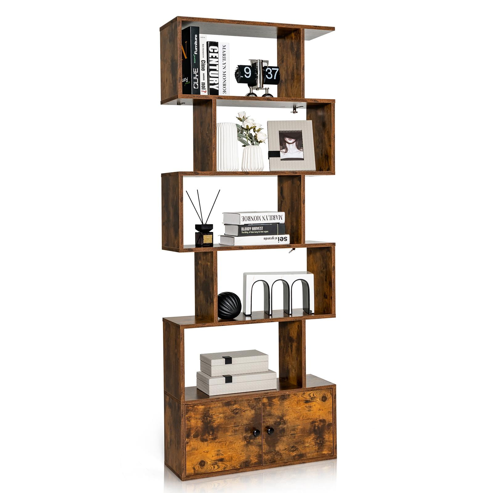 Giantex 6-Tier Geometric Bookcase w/Cabinet, Freestanding Display ...