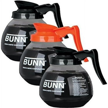 BUNN Regular and Decaf Glass Coffee Pot Decanter/Carafe, 12 Cup, 2 Black and 1 Orange, Set of 3