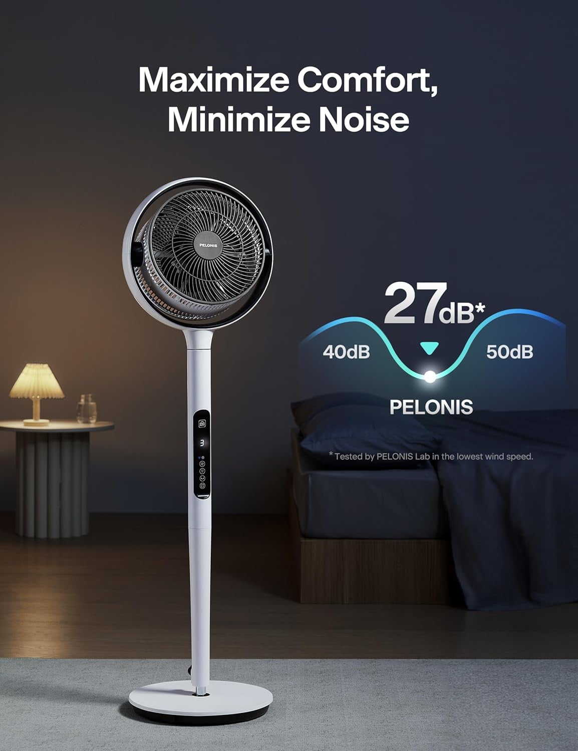 Pelonis Adjustable Pedestal Fan, 9 Speed, Oscillation, Quiet, Smart, Remote, 50-53.5", White