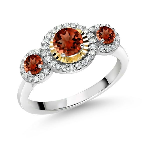 Gem Stone King 0.88 Ct Round Red Garnet 925 Silver and 10K Yellow Gold 3 Stone Women's Lab Grown Diamond Ring (Size 5)