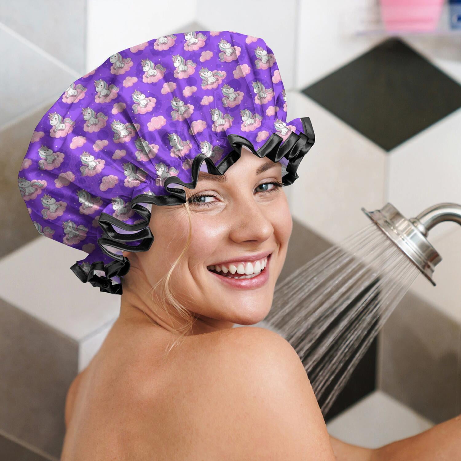 Shower Caps,Purple Cartoon Unicorn Cloud Pattern Waterproof Shower Cap for Women 4 Pieces,Double Reusable Hair Cover for Shower PEVA Elastic Stretch Hem
