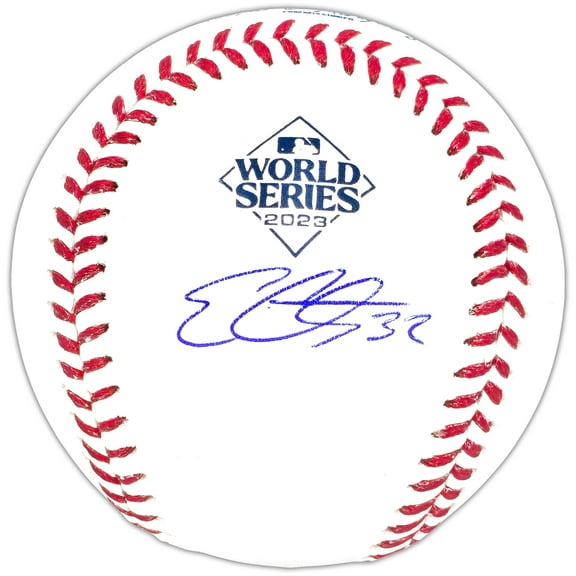 Evan Carter Autographed Official 2023 World Series Logo MLB Baseball Texas Rangers Beckett BAS Witness 221324