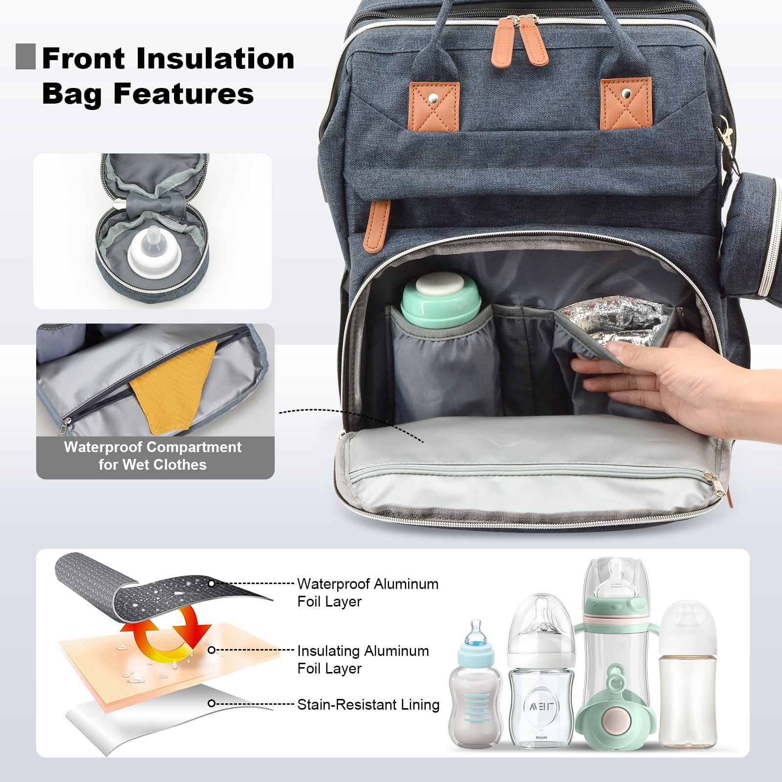 DERSTUEWE Diaper Bag Backpack with Changing Station, Multifunctional Waterproof Portable Baby Bag for Travel– Large Capacity, Blue
