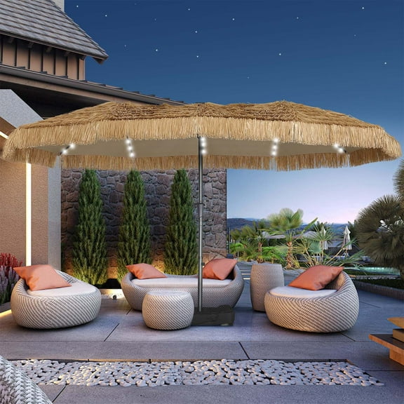 Autlaycil 15 ft Solar Tiki Umbrella with Sandbags Base, 48 LED Lights, Thatched, Hawaiian, Pool, Patio, Beach