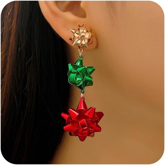 Christmas Bow Earrings Holiday Xmas Bow Stud Earring for Women Red Green White Triple Bows Drop Dangle Earrings Christmas Holiday Accessories