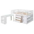 thumbnail image 5 of Full Size Loft Bed with Pull-out Desk, Wood Low Loft Bed with 3 Storage Drawers and 2-Tier Shelves, Storage Bed Frame with Ladder and Full-length Guardrails, White, 5 of 7