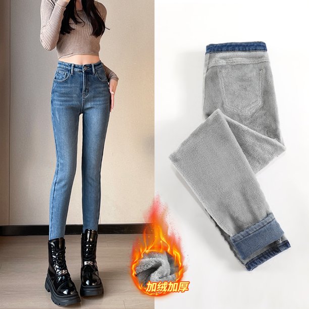 Pantalones vaqueros elásticos de felpa cálidos para mujer, pantalones Retro ajustados de lana térmica, pantalones vaqueros gruesos de cintura alta para invierno 2023