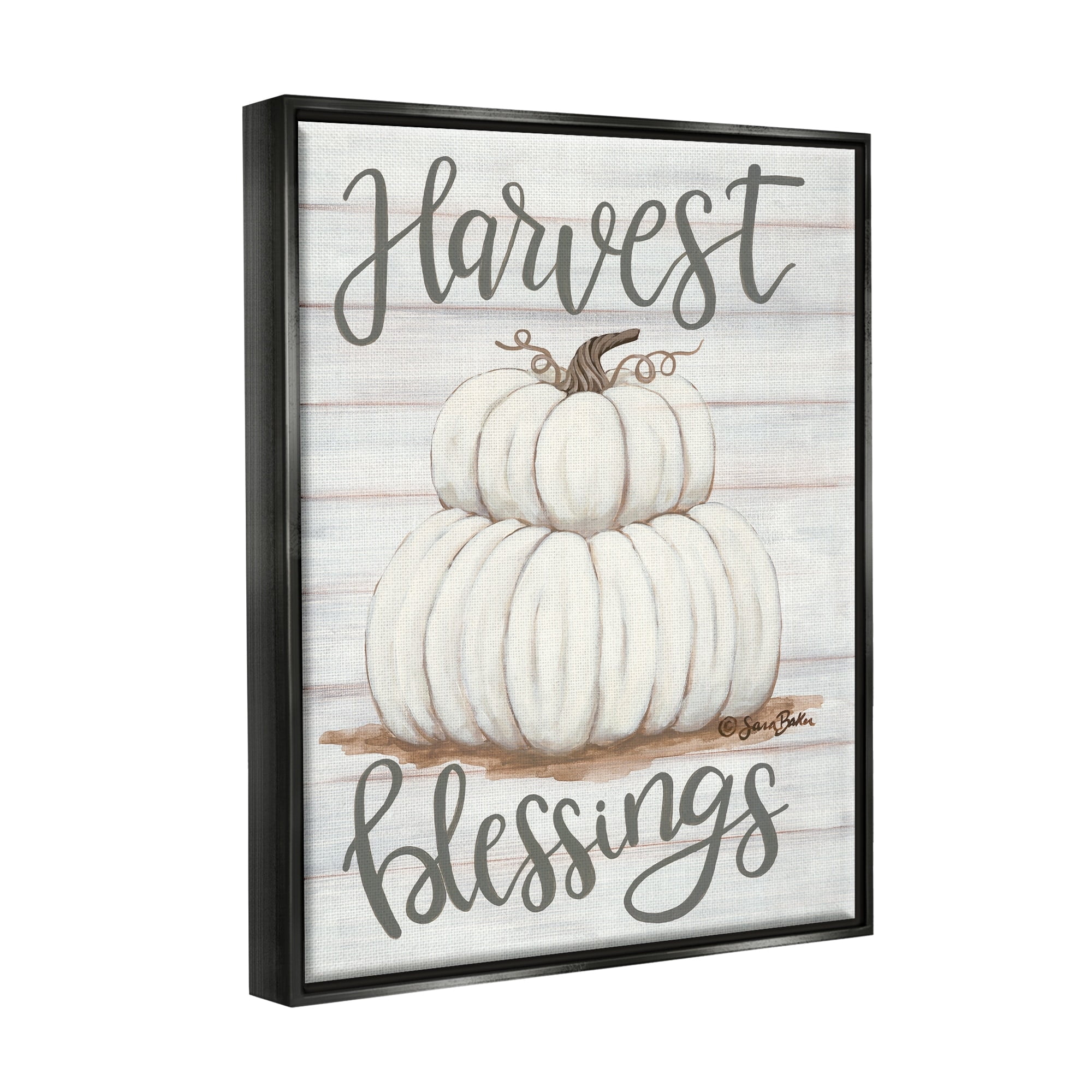 Stupell Industries Farm Fresh Harvest Blessing Sign White Pumpkins Metallic Gold Framed Floating Canvas Wall Art, 16x20, by Sarah Baker