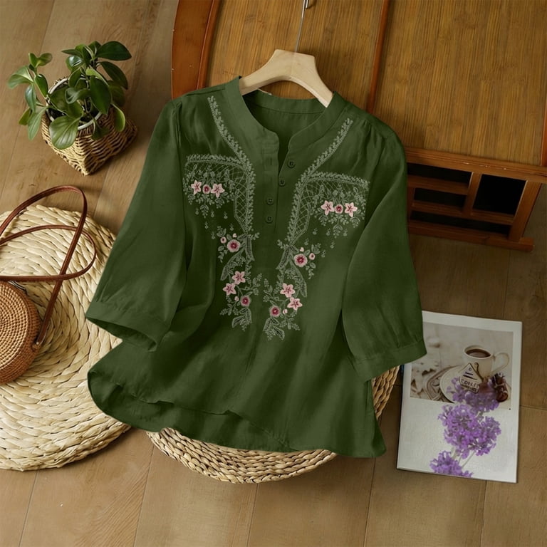 トップス Flower Embroidery Over Shirt Womens Summer Tops With Sleeves Womens Short Sleeve Tops Y2K Cute